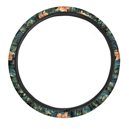 Tropical Leaf And Hawaiian Flower Print Car Steering Wheel Cover