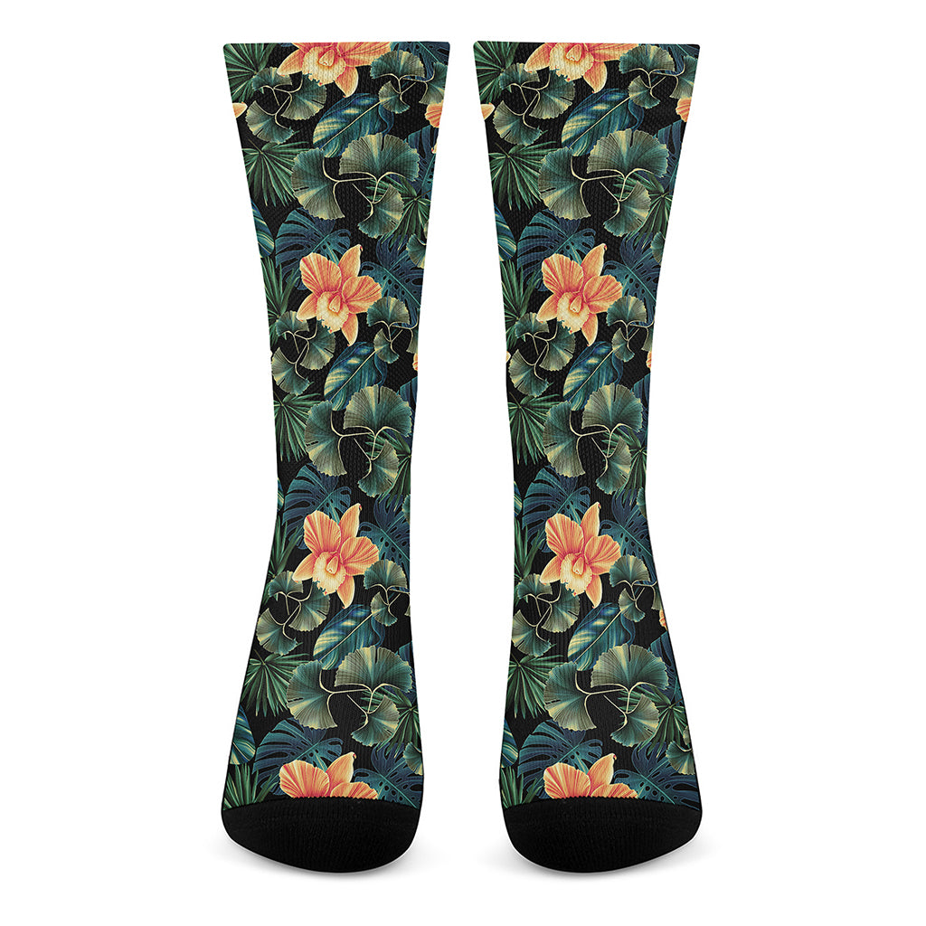 Tropical Leaf And Hawaiian Flower Print Crew Socks