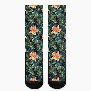Tropical Leaf And Hawaiian Flower Print Crew Socks