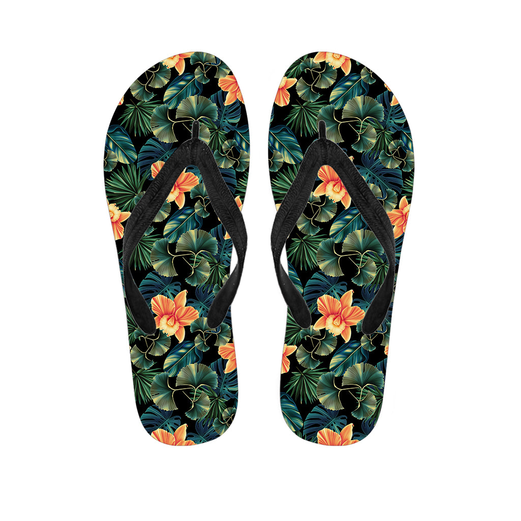 Tropical Leaf And Hawaiian Flower Print Flip Flops