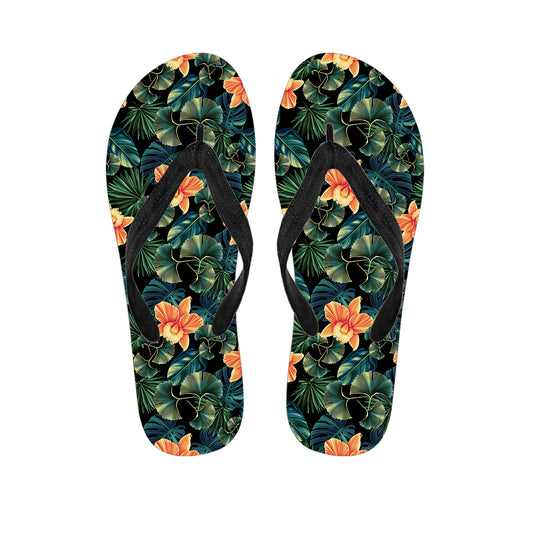Tropical Leaf And Hawaiian Flower Print Flip Flops