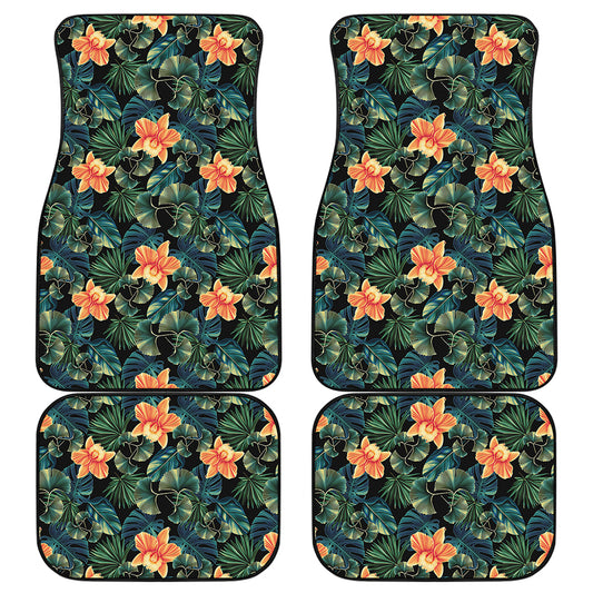 Tropical Leaf And Hawaiian Flower Print Front and Back Car Floor Mats