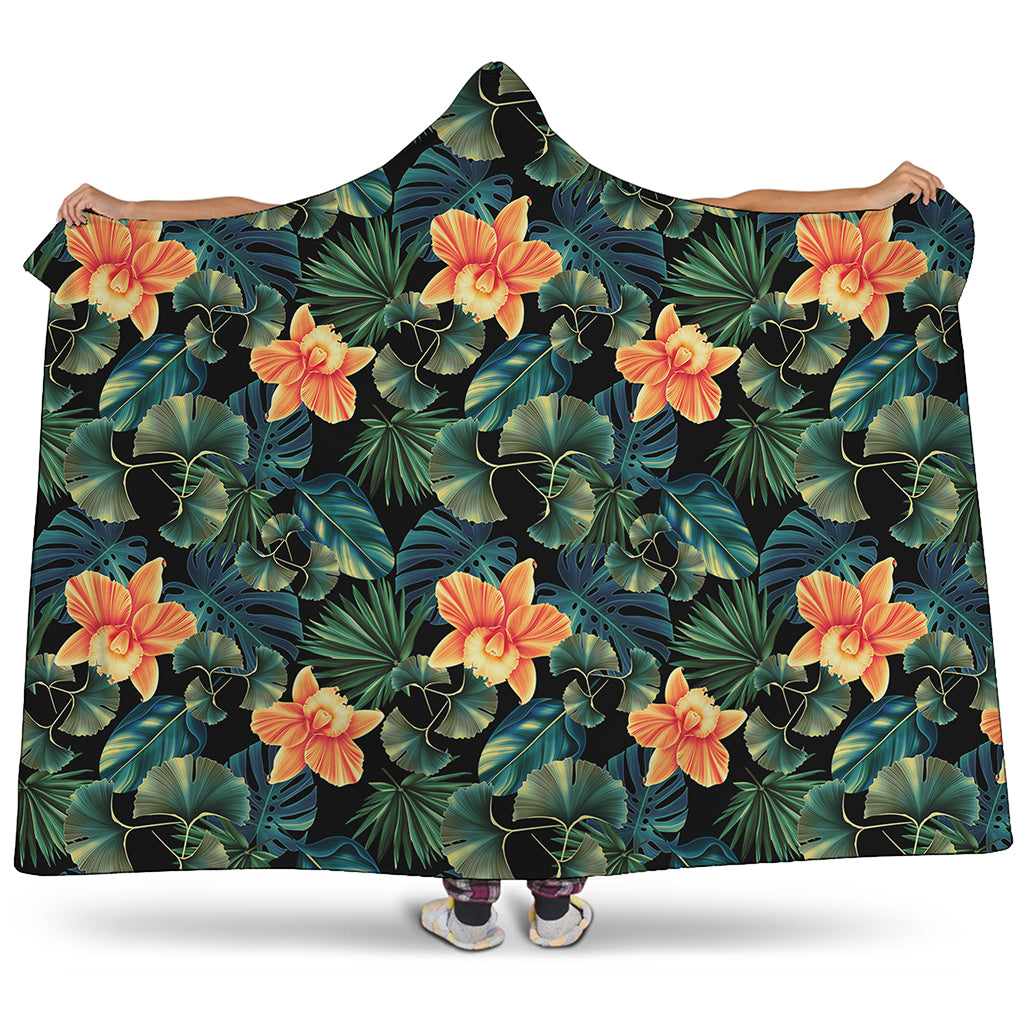 Tropical Leaf And Hawaiian Flower Print Hooded Blanket