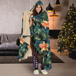 Tropical Leaf And Hawaiian Flower Print Hooded Blanket
