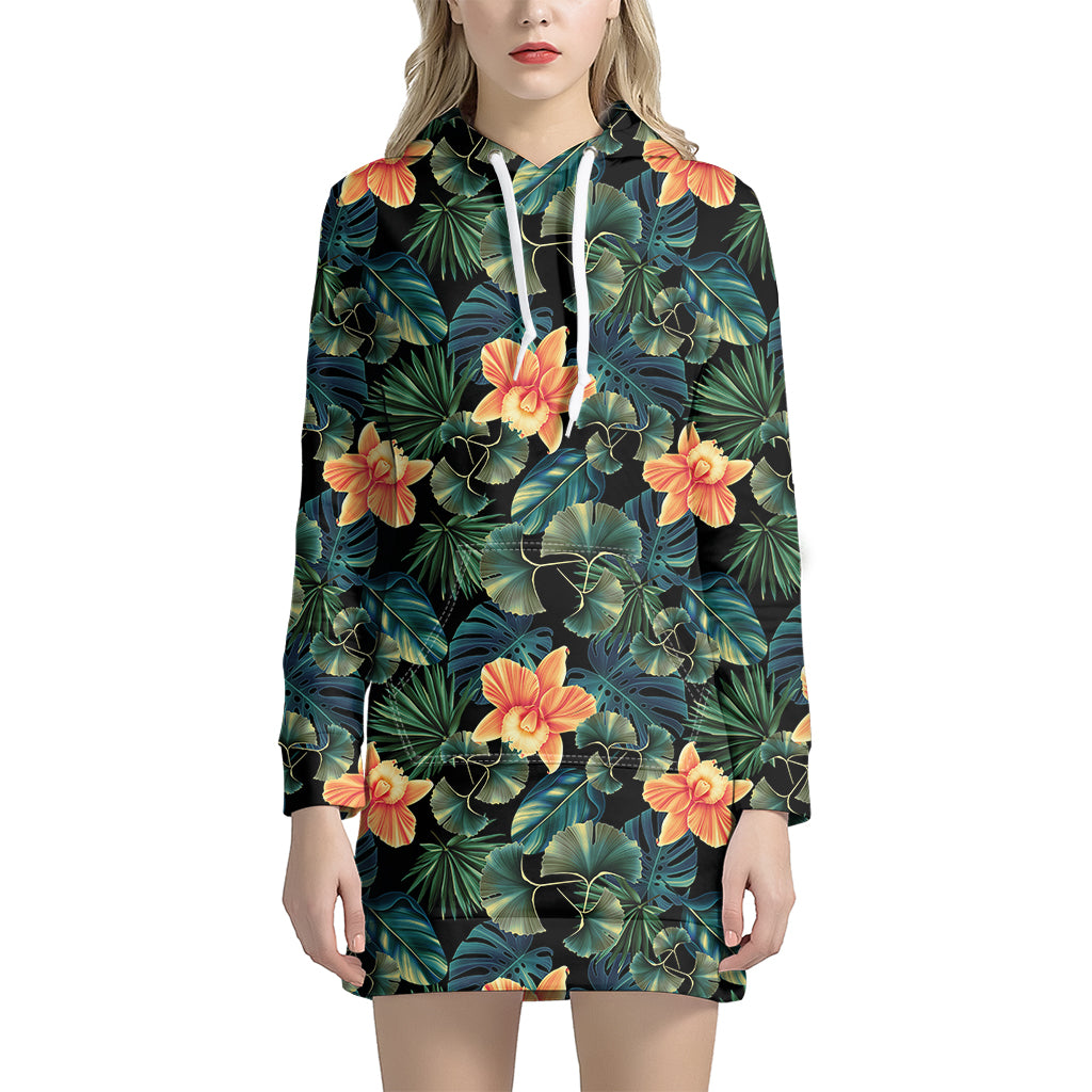 Tropical Leaf And Hawaiian Flower Print Hoodie Dress
