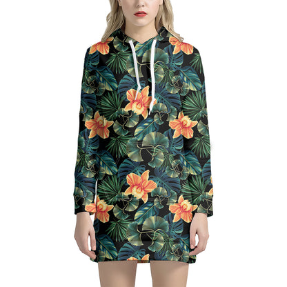 Tropical Leaf And Hawaiian Flower Print Hoodie Dress