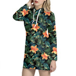 Tropical Leaf And Hawaiian Flower Print Hoodie Dress