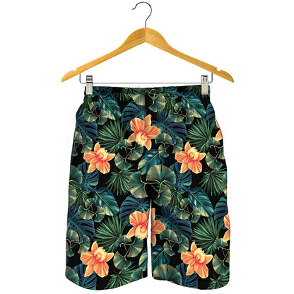 Tropical Leaf And Hawaiian Flower Print Men's Shorts