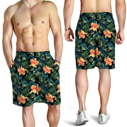 Tropical Leaf And Hawaiian Flower Print Men's Shorts