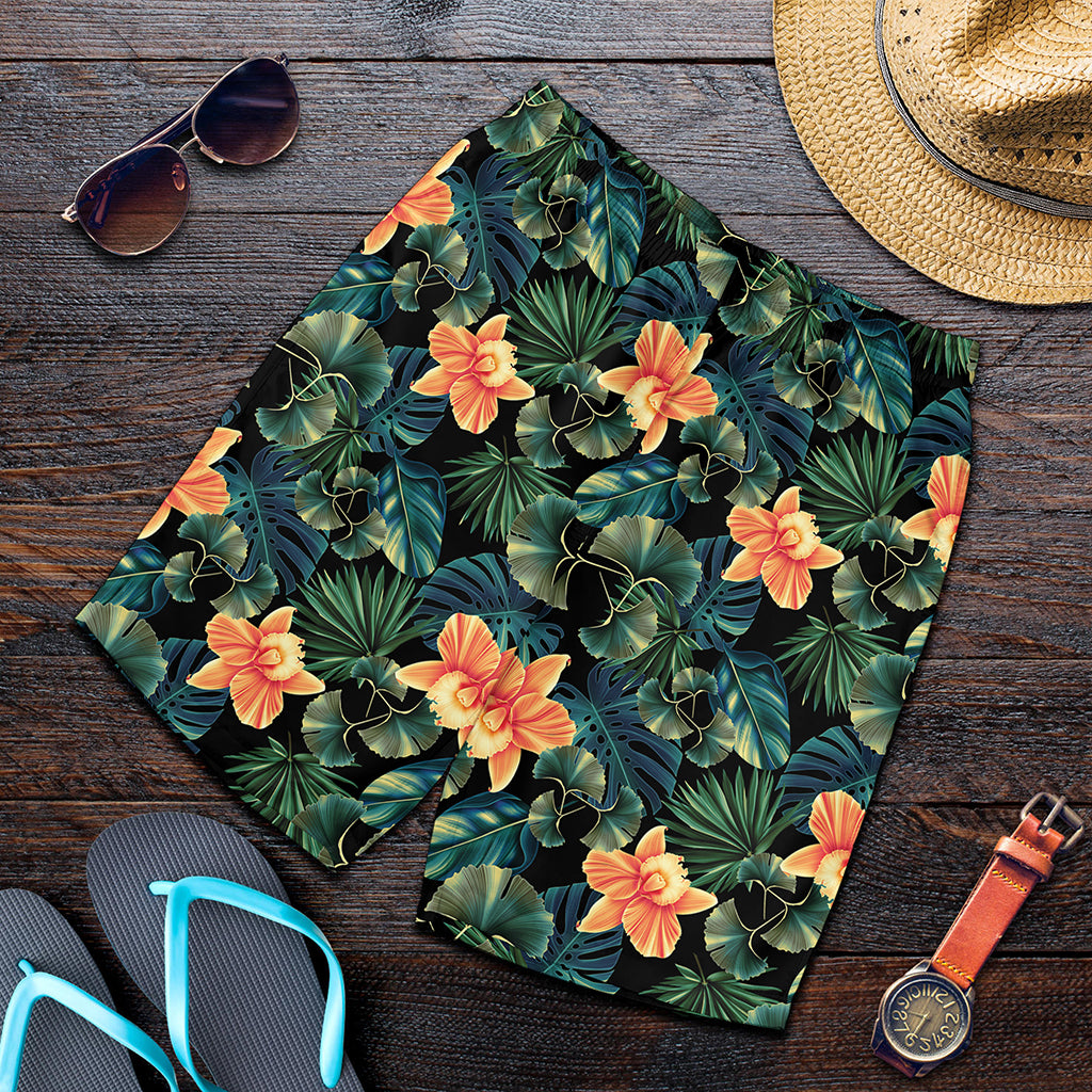 Tropical Leaf And Hawaiian Flower Print Men's Shorts