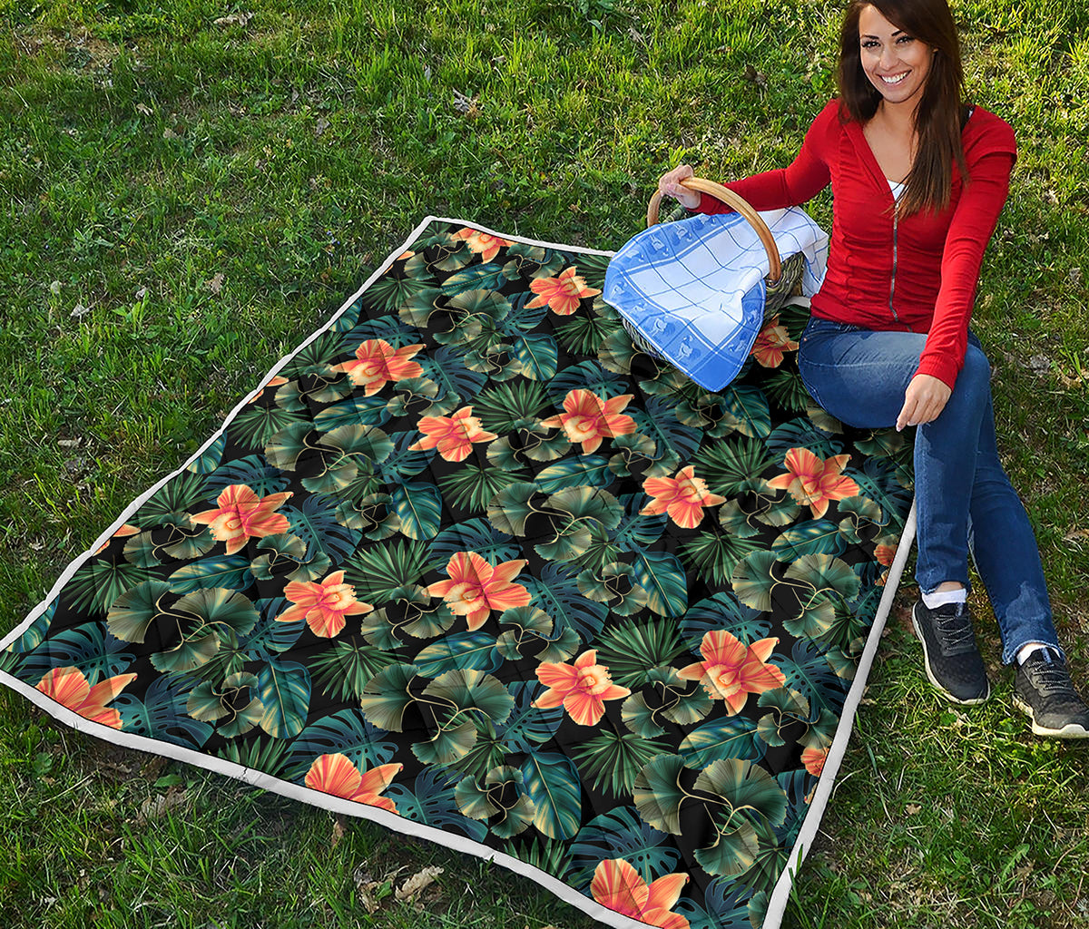 Tropical Leaf And Hawaiian Flower Print Quilt