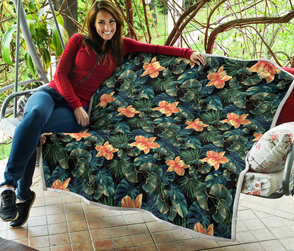 Tropical Leaf And Hawaiian Flower Print Quilt