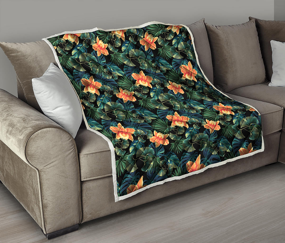 Tropical Leaf And Hawaiian Flower Print Quilt