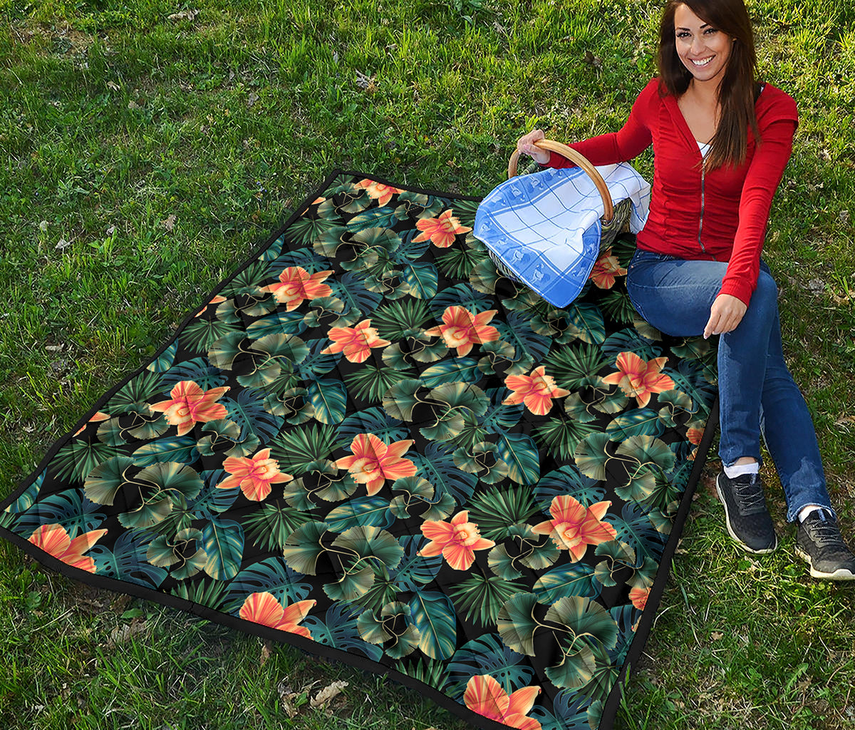 Tropical Leaf And Hawaiian Flower Print Quilt