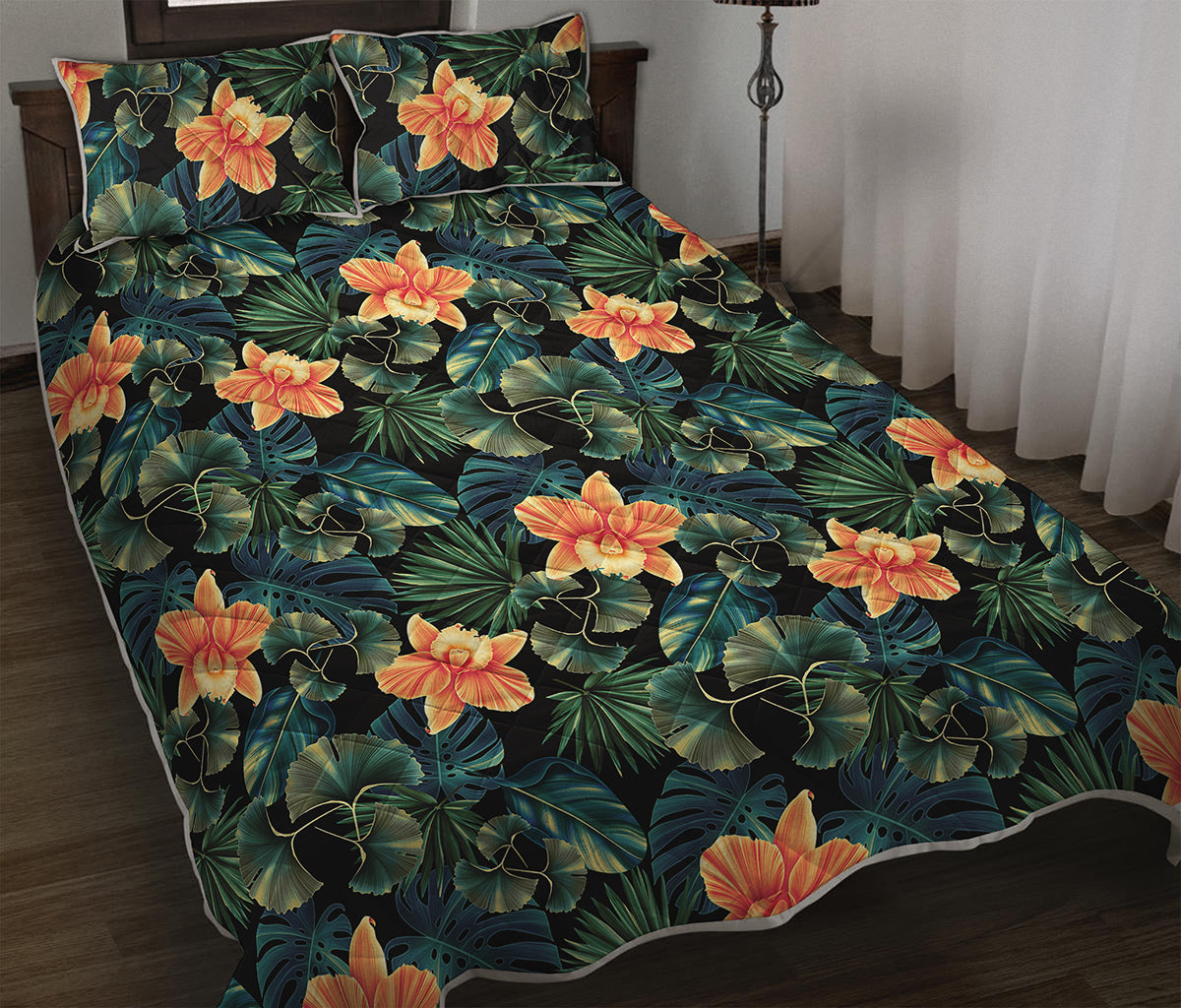Tropical Leaf And Hawaiian Flower Print Quilt Bed Set