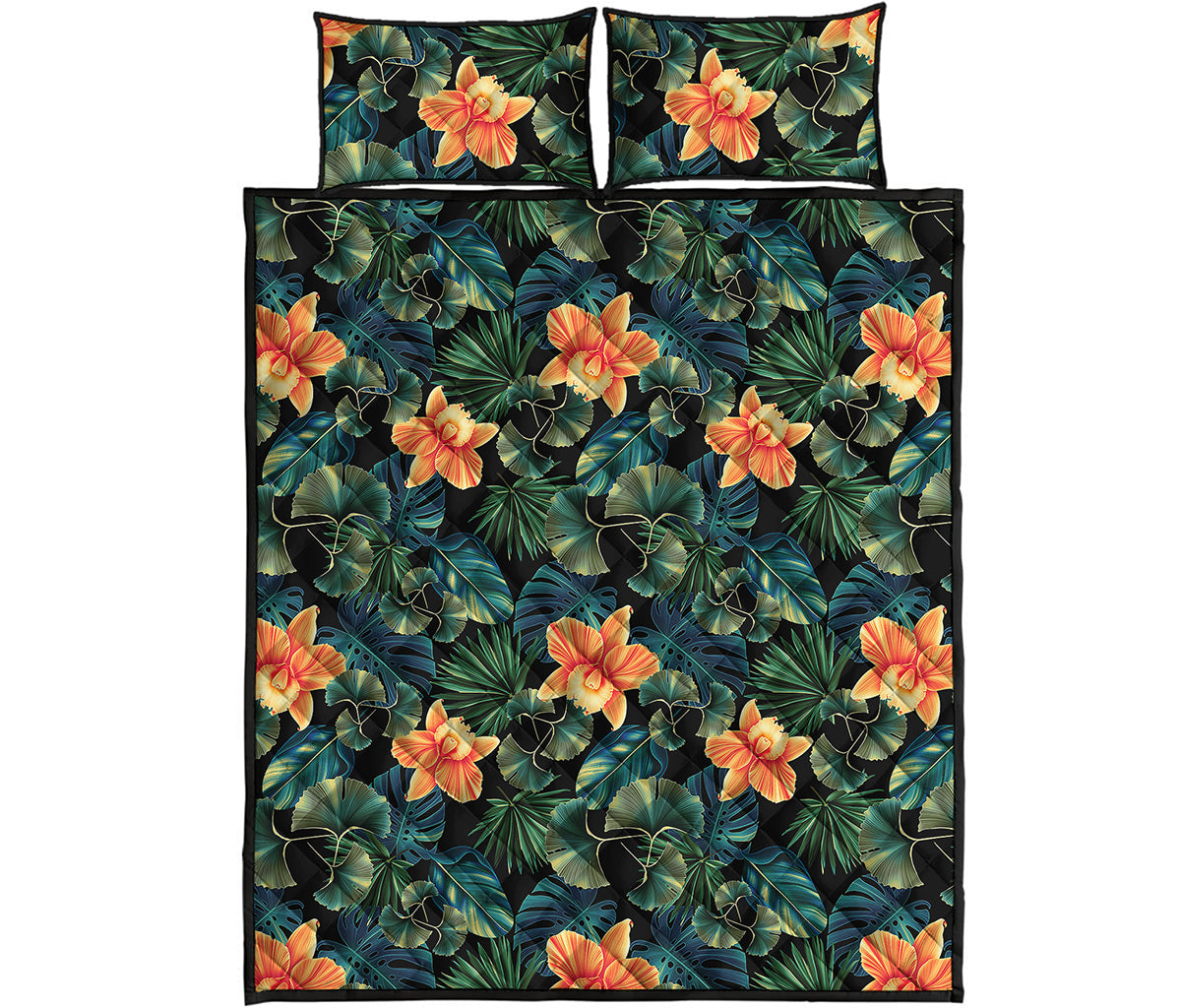 Tropical Leaf And Hawaiian Flower Print Quilt Bed Set