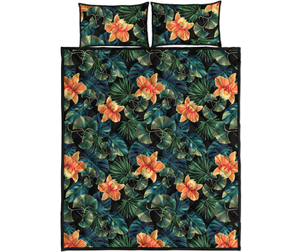 Tropical Leaf And Hawaiian Flower Print Quilt Bed Set