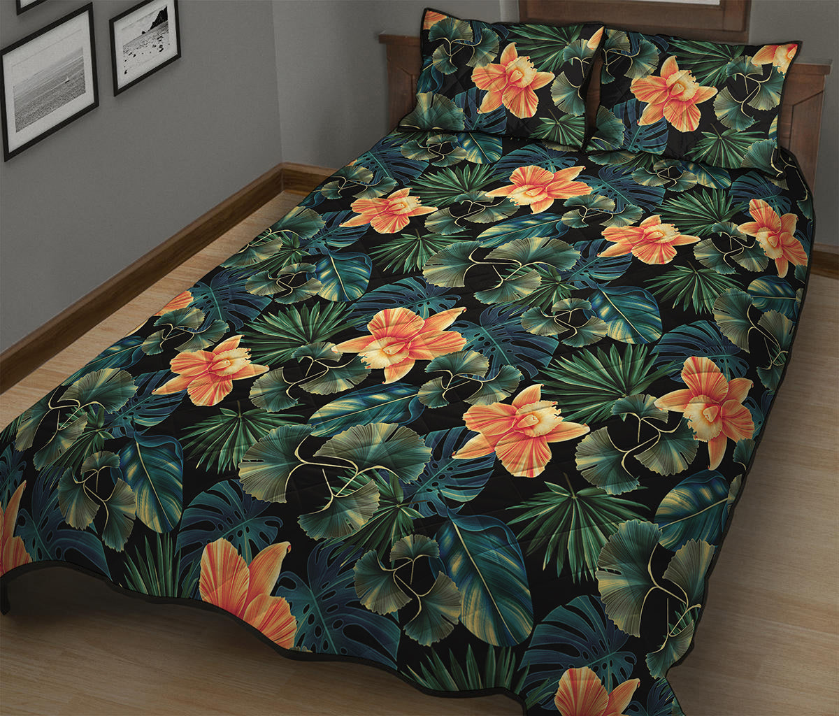 Tropical Leaf And Hawaiian Flower Print Quilt Bed Set