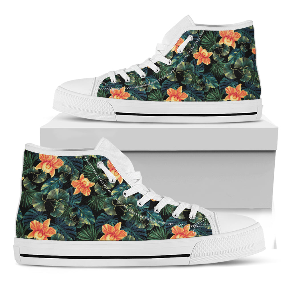 Tropical Leaf And Hawaiian Flower Print White High Top Shoes