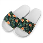 Tropical Leaf And Hawaiian Flower Print White Slide Sandals