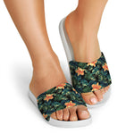 Tropical Leaf And Hawaiian Flower Print White Slide Sandals