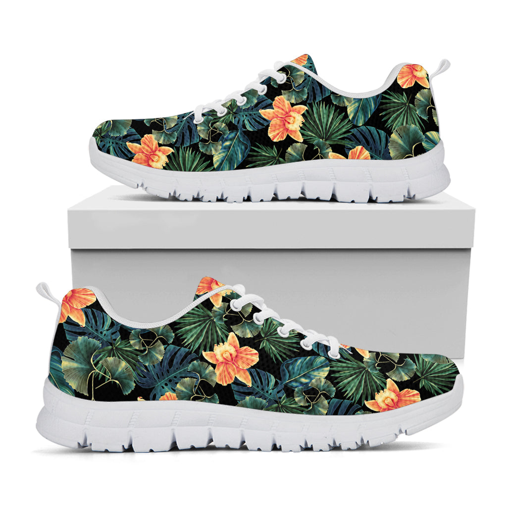 Tropical Leaf And Hawaiian Flower Print White Sneakers