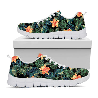Tropical Leaf And Hawaiian Flower Print White Sneakers