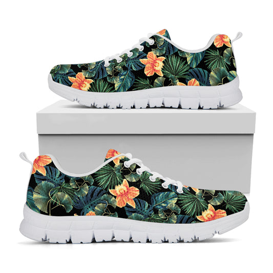 Tropical Leaf And Hawaiian Flower Print White Sneakers