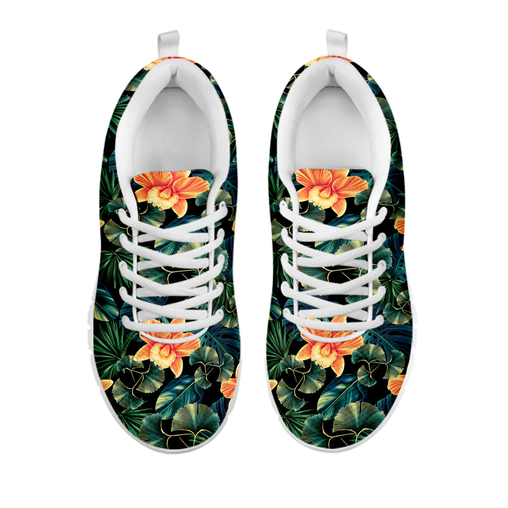 Tropical Leaf And Hawaiian Flower Print White Sneakers