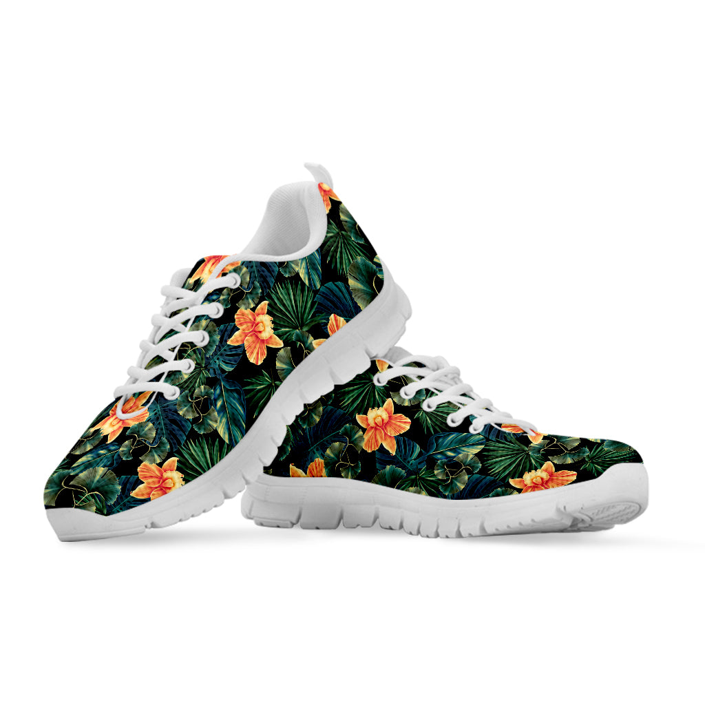 Tropical Leaf And Hawaiian Flower Print White Sneakers
