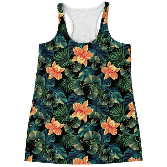 Tropical Leaf And Hawaiian Flower Print Women's Racerback Tank Top
