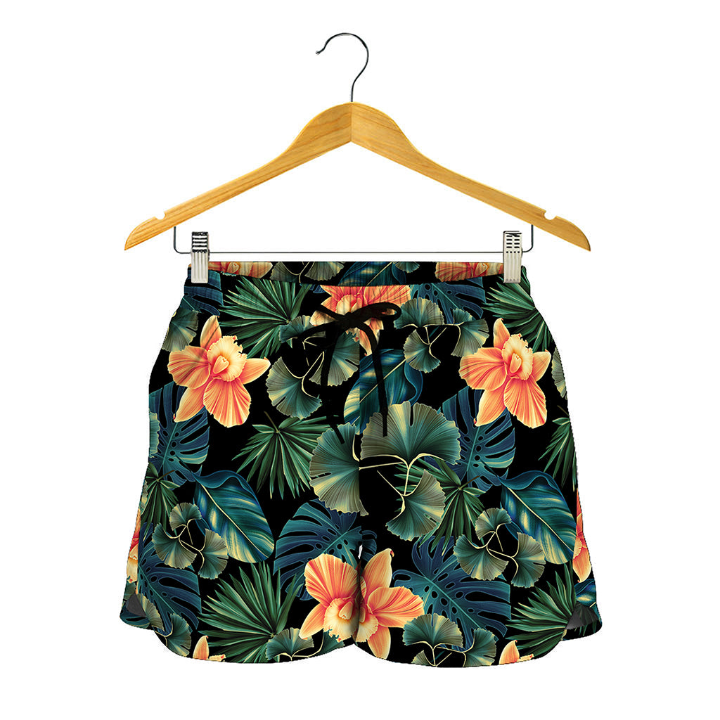 Tropical Leaf And Hawaiian Flower Print Women's Shorts