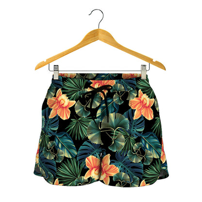 Tropical Leaf And Hawaiian Flower Print Women's Shorts