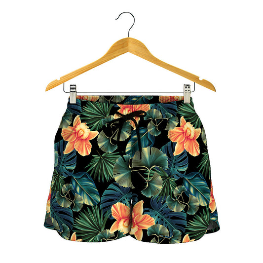 Tropical Leaf And Hawaiian Flower Print Women's Shorts
