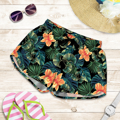 Tropical Leaf And Hawaiian Flower Print Women's Shorts