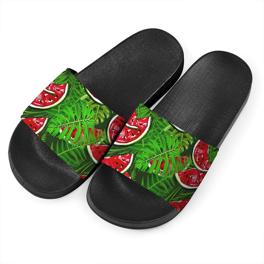 Tropical Leaf Watermelon Pattern Print Black Slide Sandals