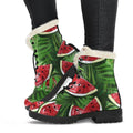 Tropical Leaf Watermelon Pattern Print Faux Fur Leather Boots
