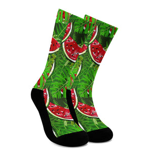 Tropical Leaf Watermelon Pattern Print Crew Socks