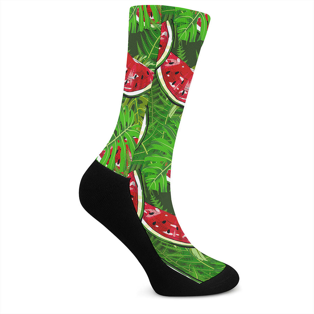 Tropical Leaf Watermelon Pattern Print Crew Socks