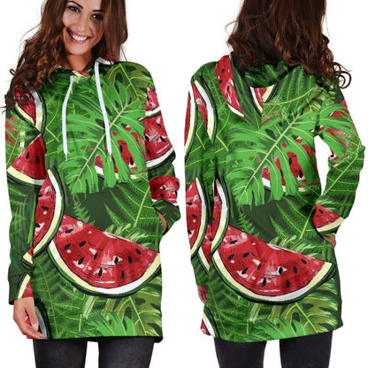 Tropical Leaf Watermelon Pattern Print Hoodie Dress GearFrost