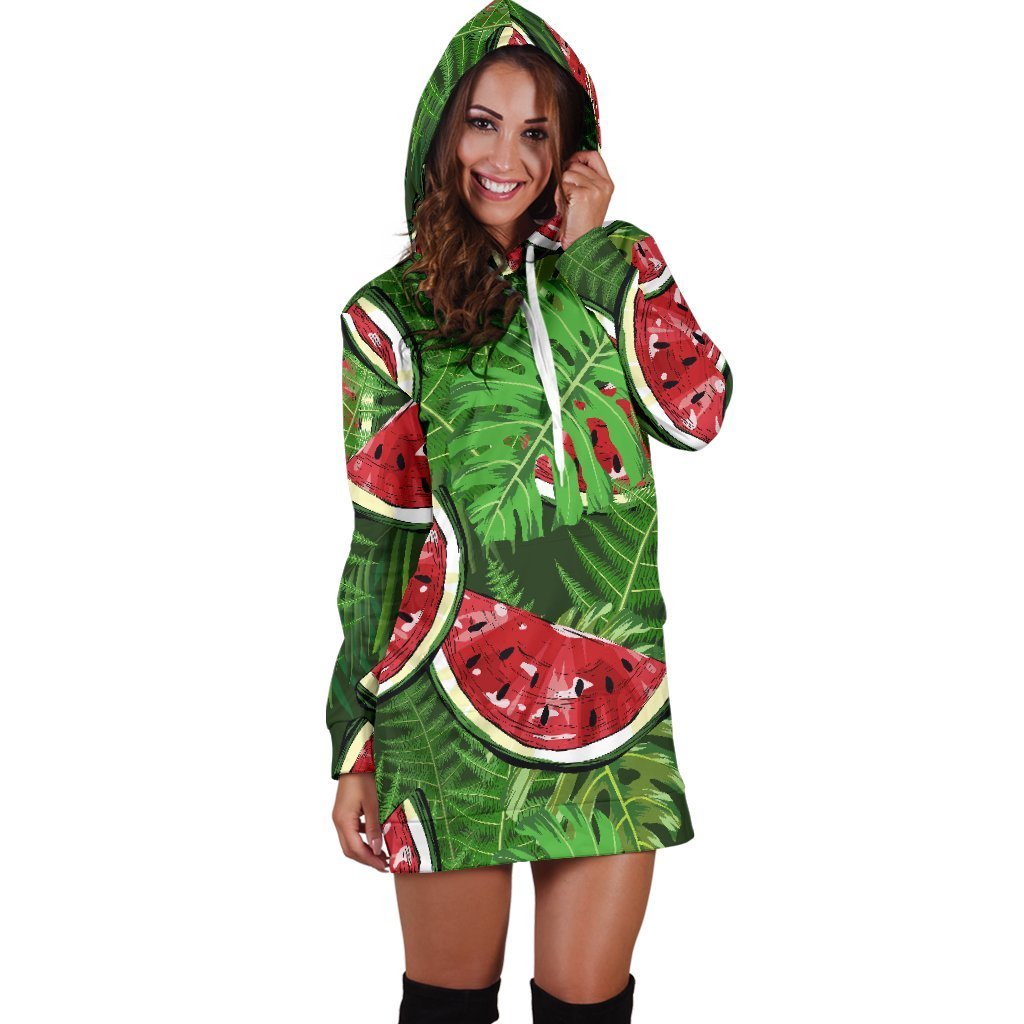 Tropical Leaf Watermelon Pattern Print Hoodie Dress GearFrost