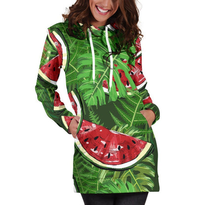 Tropical Leaf Watermelon Pattern Print Hoodie Dress GearFrost