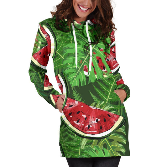 Tropical Leaf Watermelon Pattern Print Hoodie Dress GearFrost