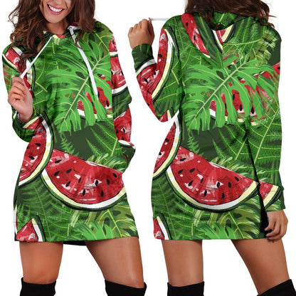 Tropical Leaf Watermelon Pattern Print Hoodie Dress GearFrost