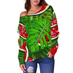 Tropical Leaf Watermelon Pattern Print Off Shoulder Sweatshirt GearFrost