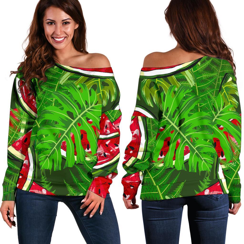 Tropical Leaf Watermelon Pattern Print Off Shoulder Sweatshirt GearFrost