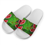 Tropical Leaf Watermelon Pattern Print White Slide Sandals