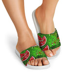 Tropical Leaf Watermelon Pattern Print White Slide Sandals
