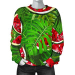 Tropical Leaf Watermelon Pattern Print Women's Crewneck Sweatshirt GearFrost