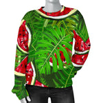Tropical Leaf Watermelon Pattern Print Women's Crewneck Sweatshirt GearFrost